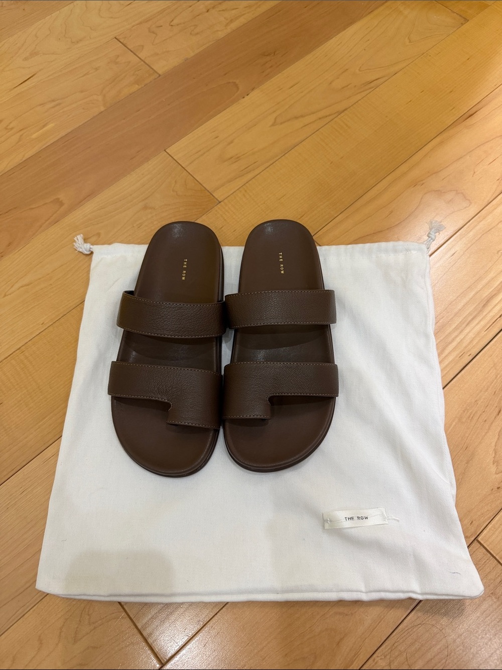 NWOB The Row Dark Brown Hugh Double-Strap Leather Slide Sandals
